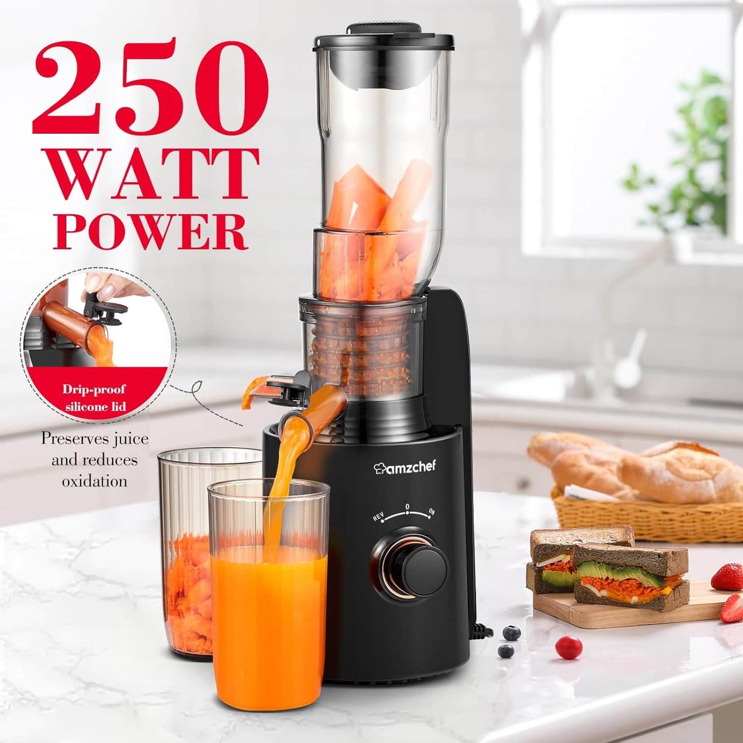 AMZCHEF Compact Slow Masticating Juicer 3" Wide Chute Black