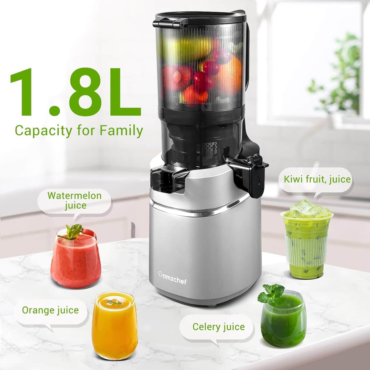 AMZCHEF Masticating Juicer 5.3-Inch Self-Feeding Silver