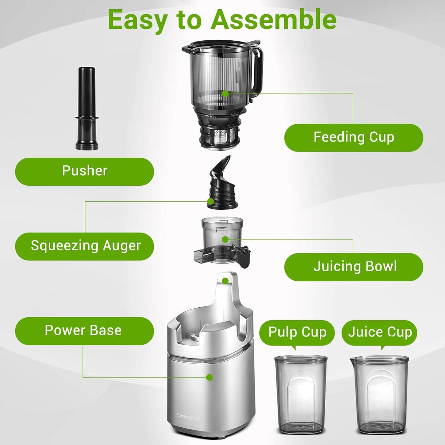 AMZCHEF Masticating Juicer 5.3-Inch Self-Feeding Silver