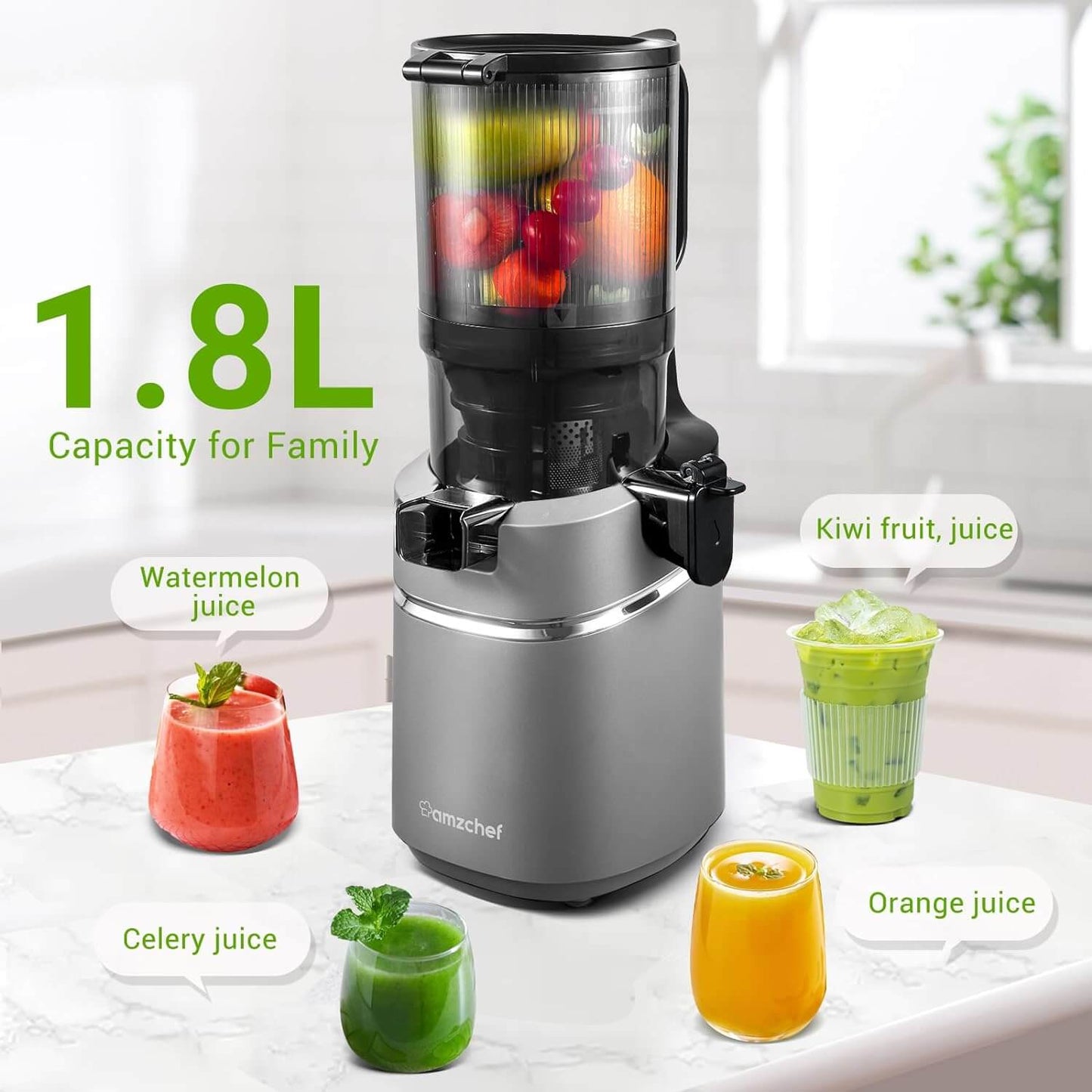 AMZCHEF Masticating Juicer 5.3-Inch Self-Feeding Fit Whole Fruits & Vegetables